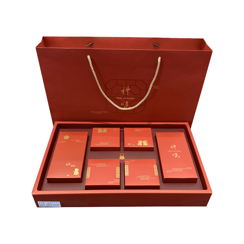 Boîte-cadeau d'emballage de gâteau de lune en papier personnalisé avec sac, ensemble d'emballage cadeau rouge pour le Festival de la mi-automne pour 6 pièces